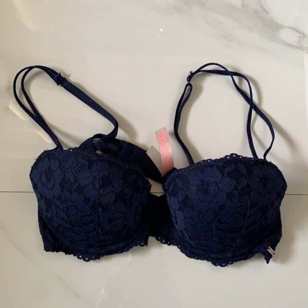 Victoria’s Secret Pink Date Push-Up Bra Navy Blue Lace Size 34B
